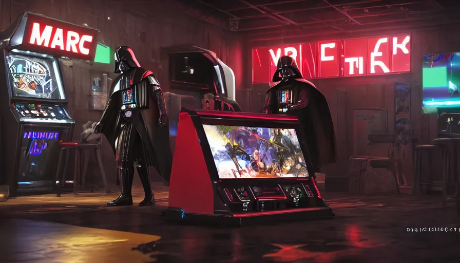 Image similar to concept art of role - playing games darth vader playing an arcade machine. macro. unreal engine 5. octane render. vray. arnold. maya. 1 8 mm lens. gopro, low angle, wide lens. trending on artstation. depth of field. colorful. d & d. centered image.