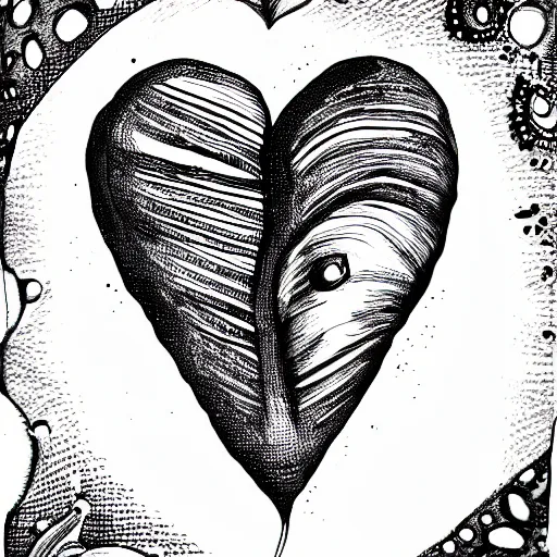 Prompt: black and white illustration, heart mixed with a sea shell