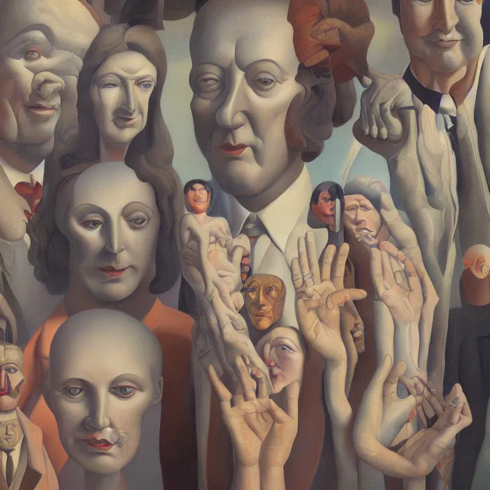 Image similar to group of people pictured in afternoon light, close - up of the faces, anatomically and proportionally correct, surrealist oil painting by james jean, dora maar and rene magritte, detailed, cgsociety,