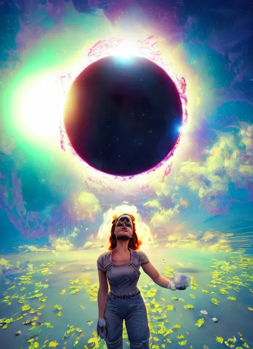 Image similar to An epic fantastic realism comic book style painting of the most beautiful flowers launched into space, bouquets, solar eclipse, fisheye, unreal 5, DAZ, hyperrealistic, octane render, dynamic lighting