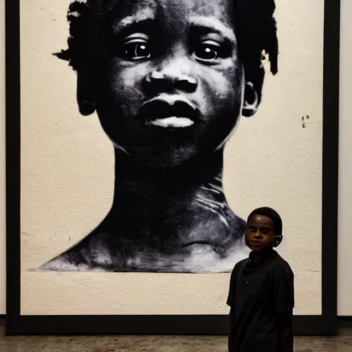 Prompt: a portrait a boy standing in front of a wax print fabric by sanele muholi and william kentridge and kara walker,