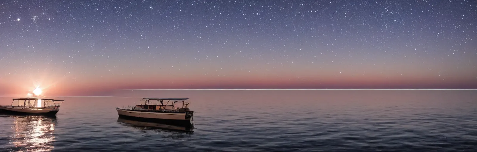 Prompt: Calmed clear waters on an infinite sea at night with visible stars, dawn lone yatch