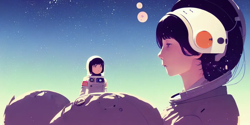 Image similar to portrait of a girl with astronaut helmets by ilya kuvshinov, cloudy sky background lush landscape ln illustration concept art anime key visual trending pixiv by victo ngai fanbox by greg rutkowski makoto shinkai takashi takeuchi studio ghibli