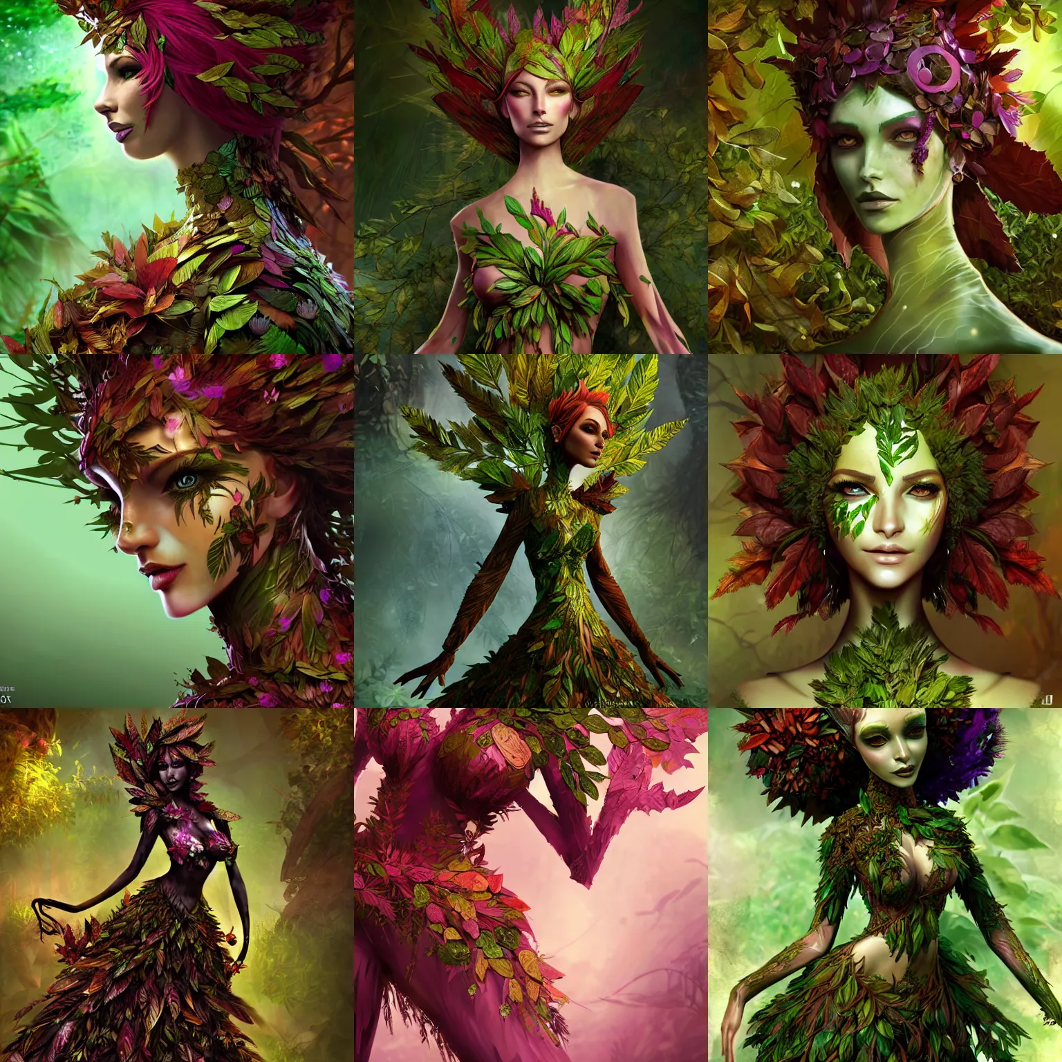 Prompt: Sylvari female that is made of leaves and bark, botanical race of Guild Wars 2, concept art, close-up, digital art, elegant