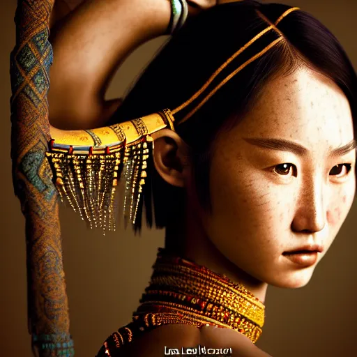 Prompt: portrait of a stunningly beautiful asian tribal female, depth of field, zeiss lens, detailed, symmetrical, centered, fashion photoshoot, by annie leibovitz and steve mccurry, david lazar, jimmy nelsson, breathtaking, 8 k resolution, extremely detailed, beautiful, establishing shot, artistic, hyperrealistic, beautiful face, octane render