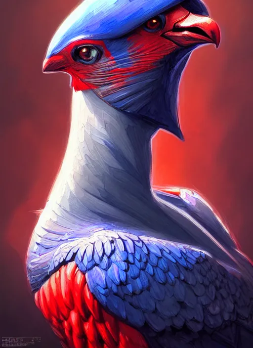 Image similar to portrait of aggressive pigeon humanoid, d & d, muscular! blue and red, fantasy, intricate, elegant, highly detailed, digital painting, artstation, concept art, smooth, sharp focus, illustration, art by artgerm and greg rutkowski and alphonse mucha