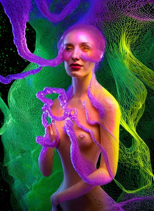 Prompt: hyper detailed 3d render like a Oil painting - smirking Aurora (Singer) seen Eating of the Strangling network of yellowcake aerochrome and milky Fruit and Her delicate Hands hold of gossamer polyp blossoms bring iridescent fungal flowers whose spores black the foolish stars by Jacek Yerka, Mariusz Lewandowski, Houdini algorithmic generative render, Abstract brush strokes, Masterpiece, Edward Hopper and James Gilleard, Zdzislaw Beksinski, Mark Ryden, Wolfgang Lettl, hints of Yayoi Kasuma, octane render, 8k