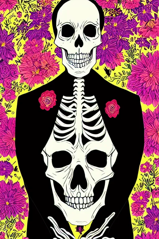 Prompt: portrait of a skeleton in a black suit and tie with flower shirt, vivid flower background by Jen Bartel and Dan Mumford and Satoshi Kon, gouache illustration