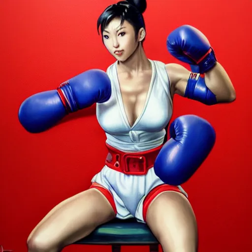 Prompt: 8K photorealistic Portrait of Chun-Li wearing red boxing gloves, sitting on a chair, intricate upper body, whole body, highly detailed, digital painting, artstation, concept art, smooth, sharp focus, illustration, art by Hajime Sorayama