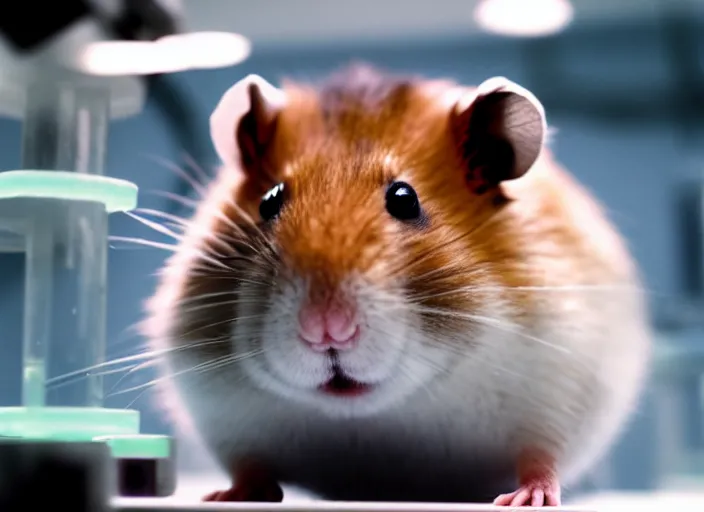 Image similar to film still of a hamster working in a research lab finding the cure for cancer, 8 k