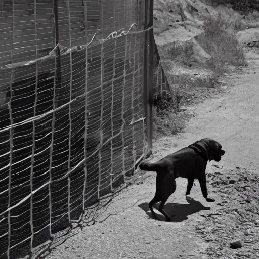 Prompt: a dog trying to cross the mexico border, photography, sad, depressing,