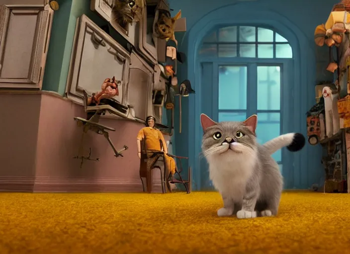 Prompt: A very high resolution image from a new movie, stop motion, about a cat from a musical nyc to a digital space opera, Animated film, volumetric lighting, octane render, directed by wes anderson, Vladimir kush, m.c Escher