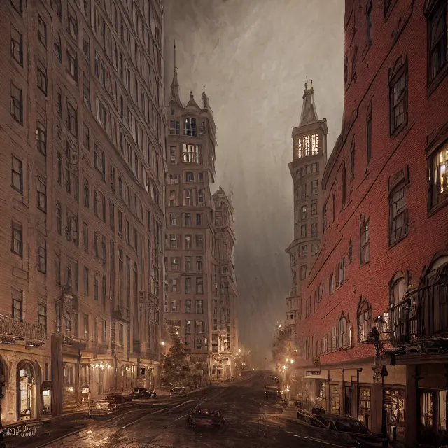 Prompt: painting of a 1 9 2 0 s gothic style hotel in downtown boston, overlooking a dark street, architectural, atmospheric lighting, brooding, painted, intricate, ultra detailed, well composed, best on artstation, cgsociety, epic, stunning, gorgeous, intricate detail, much wow, masterpiece, cinematic aesthetic octane render, 8 k hd resolution,