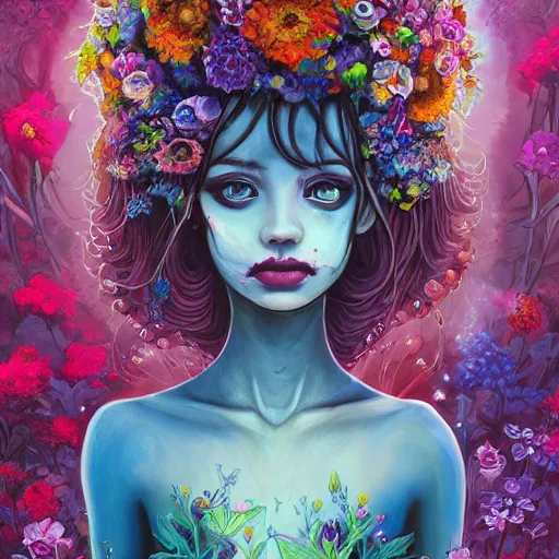 Image similar to a painting of a beatiful young zombie girl with a lot of flowers and plants on its head, poster art by android jones, behance contest winner, generativ line art, glowing, shallow depth of field, 5 0 mm, full body!! symmetry