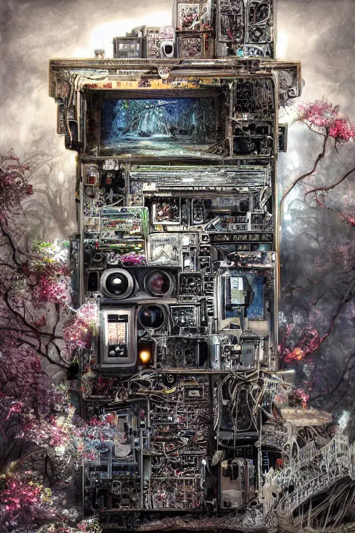 Image similar to the inside of a computer by mahmoud farshchian, mia brownell, very detailed, maximalism, ambient occlusion, volumetric light, atmospheric haze, hyper realism, realistic shading, cinematic composition, realistic render, photorealistic, wide shot