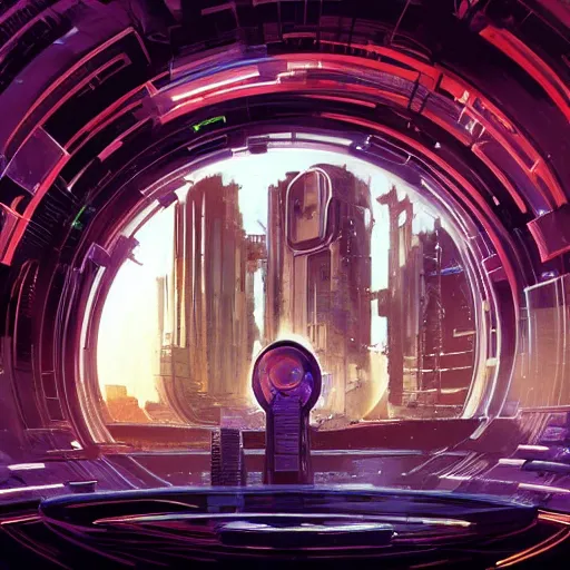 Prompt: circular derelict portal in a middle of a futuristic cityscape, world seen only through a portal, daylight, cinematic perspective, cinematic lighting, blue sky, syd mead, john harris