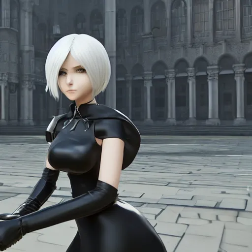 Prompt: 2B nier automata standing in front of a large building, detailed, artstation, concept art, Unreal Engine 5 render, 8K