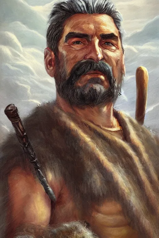 Prompt: a full body high detail fantasy portrait oil painting illustration of Joseph Stalin as a single rugged stoic barbarian man by Justin Sweet with face and body clearly visible, in a scenic background, pupils visible, realistic proportions, d&d, rpg, forgotten realms, artstation trending, high quality, sombre mood, muted colors, no crop, entire person visible!, natural light