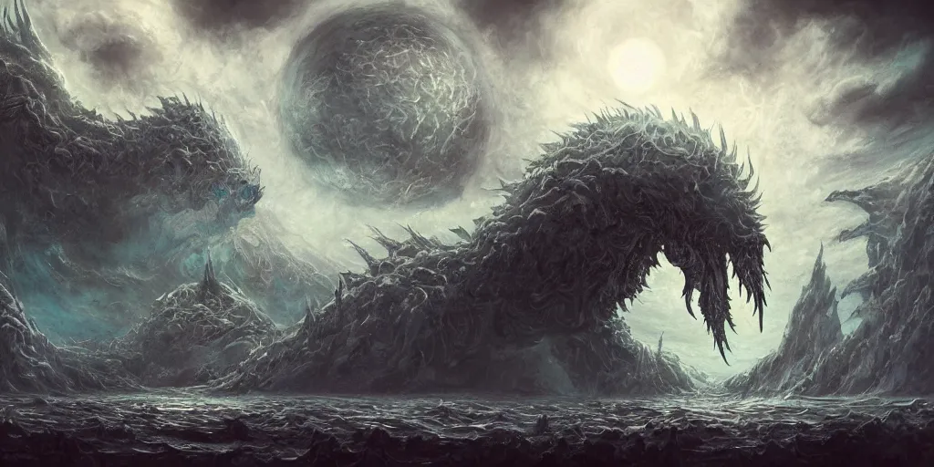 Prompt: concept art of giant kaiju, lovecraftian, roaring, melting horror, round moon, rich clouds, fighting the horrors of the unknown, mirrors, very detailed, volumetric light, mist, grim, fine art, decaying, textured oil over canvas, epic fantasy art, very colorful, ornate scales, anato finnstark