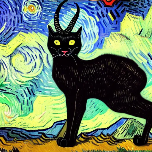 Image similar to a standing cat that has goat horns, anthropomorphic cat wearing dark robes, matte oil painting, by vincent van gogh, eldritch, magical, fog, noble, full body portrait, extremely detailed, cult, ritual, inspiring, award - winning, 4 k, 8 k