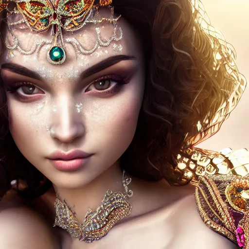 Image similar to portrait of pretty princess with perfect skin, glowing, ornate and intricate diamond jewelry, jaw dropping beauty, glowing backdrop, white accent lighting, hyper detailed, 4 k octane render