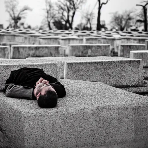 Prompt: a man sleeping on top of his future grave