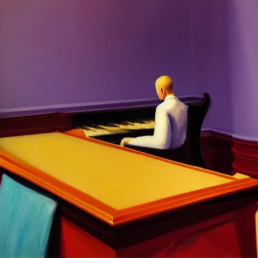 Image similar to painting of a man sitting at a grand piano, but not playing. he's looking into the void. by edward hopper and james gilleard