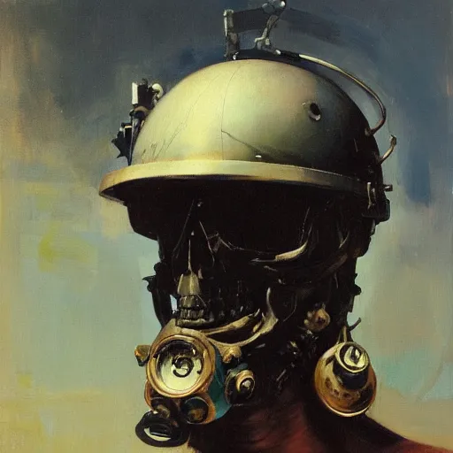 Image similar to portrait of deep sea diver helmet, detailed skull face, detailed painting, epic lighting, by ilya repin, phil hale and kent williams