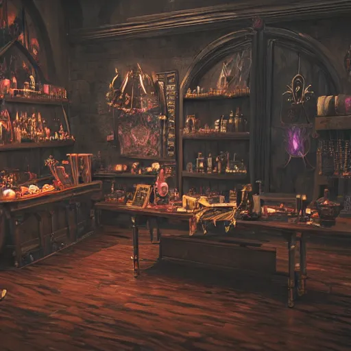 Prompt: inside a magical item shop, fantasy potion vendor interior, necromancy, ufotable studio art style, gothic interior, 8K, octane render, unreal engine,