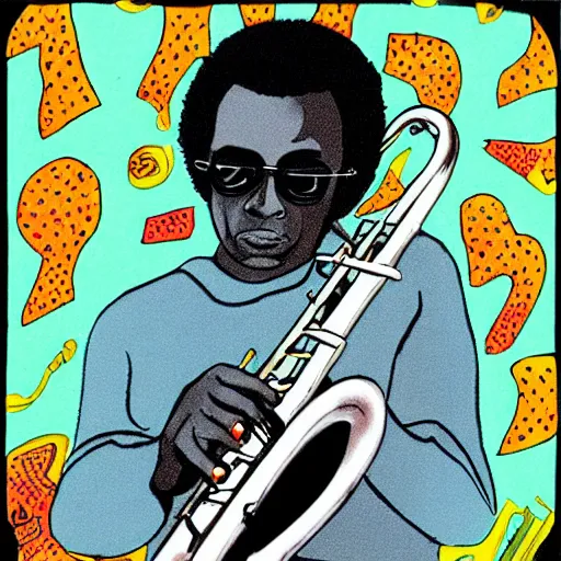 Image similar to miles davis in the style of daniel johnston, 4k