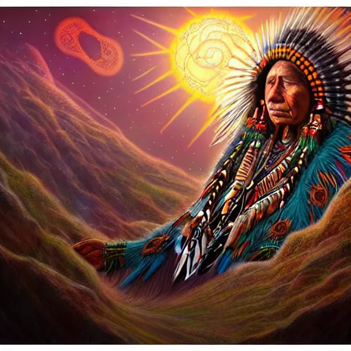 Image similar to : native american shamen fantasy, fantasy magic, cosmic, intricate, sharp focus, illustration, highly detailed, digital painting, cosmos, time travel, healing earth, concept art, matte, jahbu art and paul lewin masterpiece