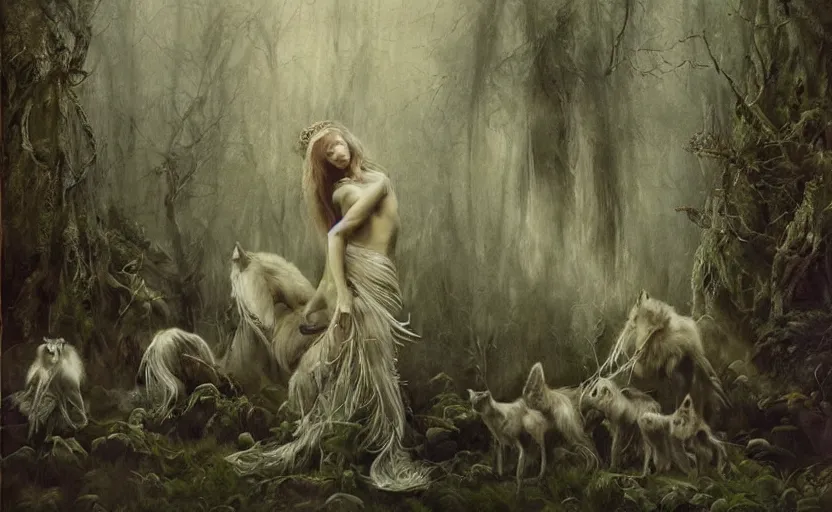 Prompt: a female spectral figure with leaves and feathers twisted in their hair is coming out of the fog with their pack of wolves, moss growing on their clothes, destructive magic pulsing at their fingertips, a spectacular intricate moody biedermeier painting, cgsociety