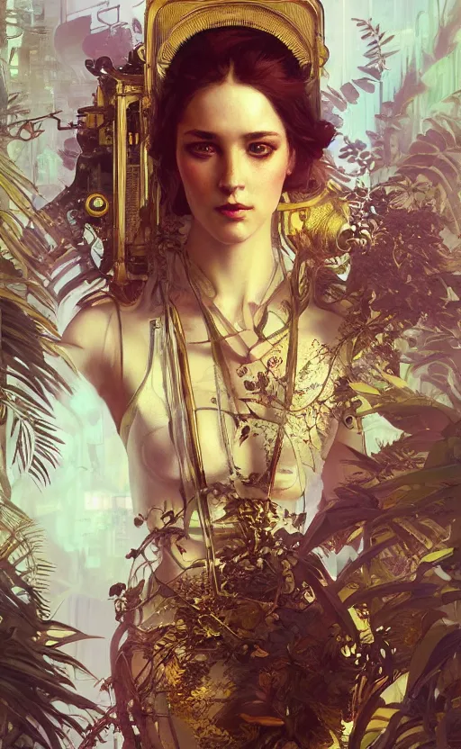 Image similar to hyper realistic time machine, cyberpunk, design on white background, beautiful details, lush foliage cyberpunk, gold, drawn by john singer sargent, tom bagshaw, norman rockwell, alphonso mucha, lolish, trending on artstation