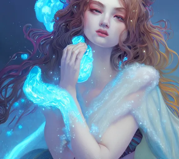 Image similar to beautiful ancient! frost witch, fire in eye, snow glow, pool party, highly detailed, digital painting, artstation, sharp focus, illustration, art by tan zi and ayanamikodon and alphonse mucha and wlop