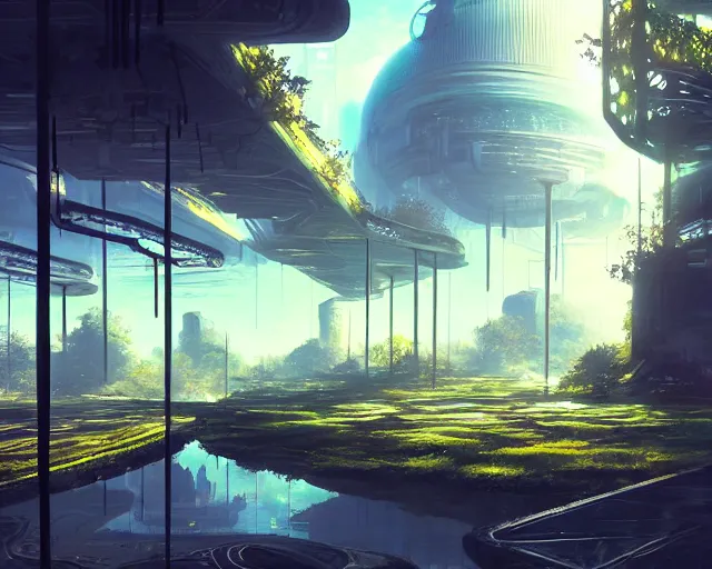 Image similar to scenery artwork, scene beautiful, light!! light essential futuristic city world and nature vegetation with daylight, surrealism oil on canvas, artstation!! pixiv!! dream scenery, quality astral projection render, nier automata concept art, vaporwave textures