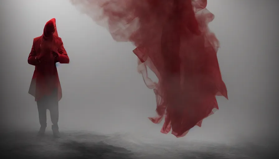 Image similar to a smoke - figure covered by red cloth that's blowing in the wind standing in a beautiful penthouse with atmospheric light, digital art, concept art, cloth simulation with houdini, octane, redshift, 8 k