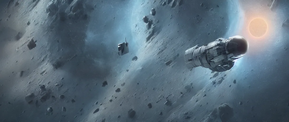 Prompt: illustration, a single small spaceship, deep space exploration, alone, the expanse tv series, industrial design, battlestar galactica tv series (2004), cinematic lighting, 4k, greebles, widescreen, wide angle, sharp and blocky shapes, hyper realistic, hubble photography, the final frontier, beksinski