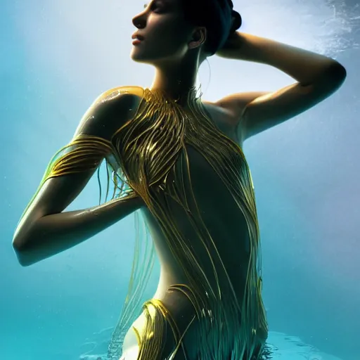 Image similar to a highly detailed digital image of an elegantly posed futuristic woman beautifully swimming, and intertwined from golden liquid like leaves, full body shot, by Andrew Chiampo, artstation, and Frederik Heyman, extremely detailed woman, stunning volumetric lighting, hyper realism, fantasy 4k