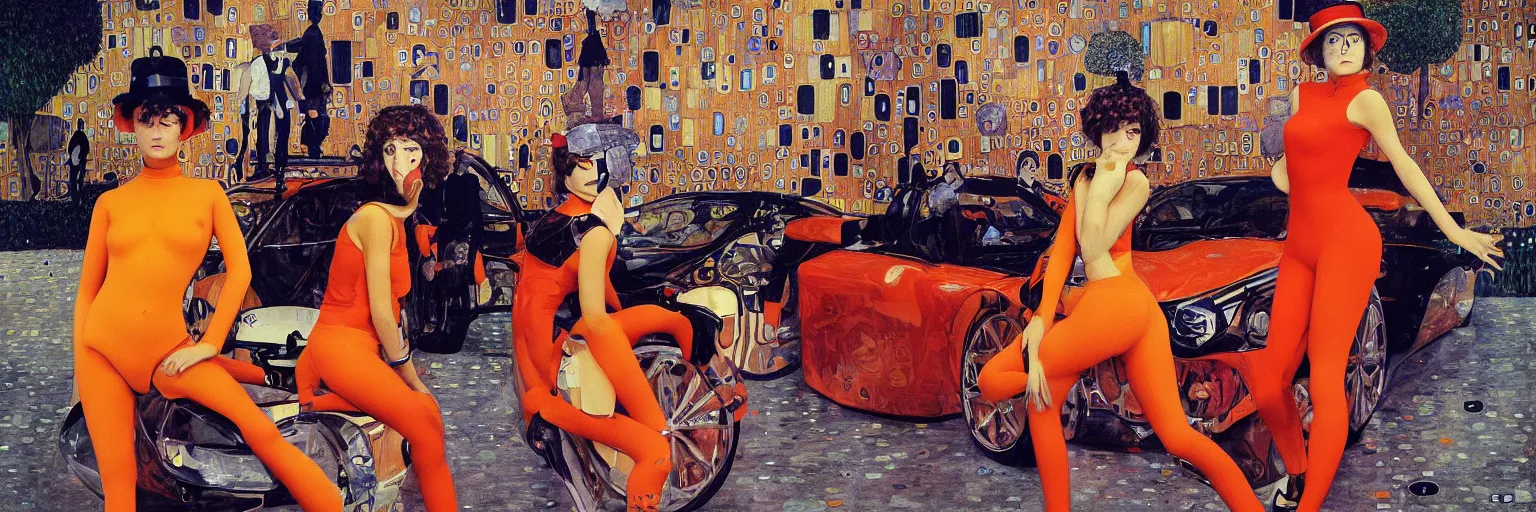 Image similar to a clockwork orange female droog gang designed artgerm gustav klimt and a red pininfarina sportscar in the background hdr, 8 k, hyperrealistic, volumetric lighting