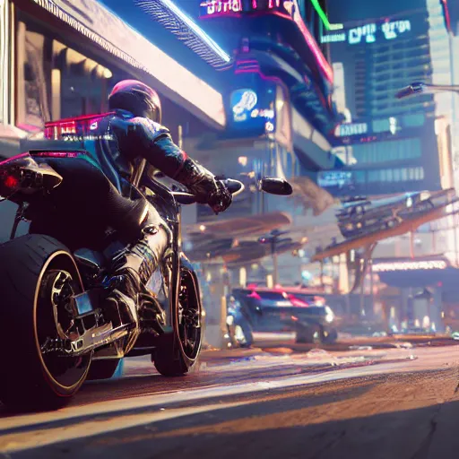 Image similar to a white dj super bike step thru in cyberpunk 2 0 7 7 unreal engine 5 4 k photo realistic