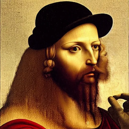 Image similar to white blonde hairy german male making a sales call. oil painting. da vinci. extremely detailed