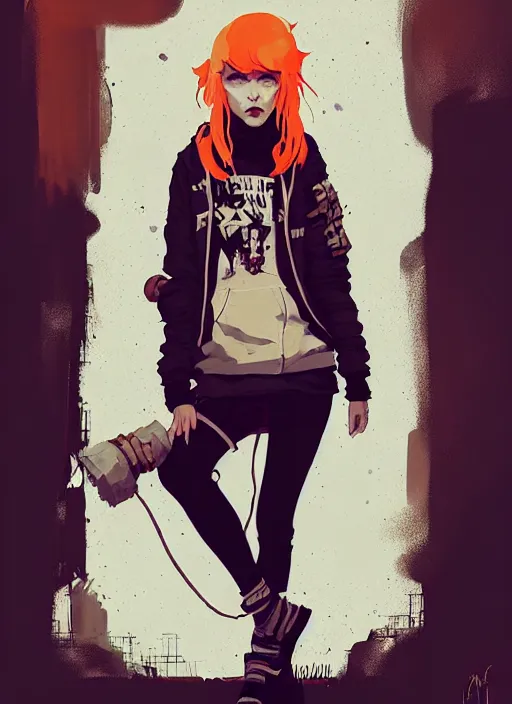 Image similar to highly detailed portrait of a sewer punk lady student, tartan hoodie, white hair by atey ghailan, by greg rutkowski, by greg tocchini, by james gilleard, by joe fenton, by kaethe butcher, gradient, orange, black, brown and cream color scheme, grunge aesthetic!!! white graffiti tag wall background