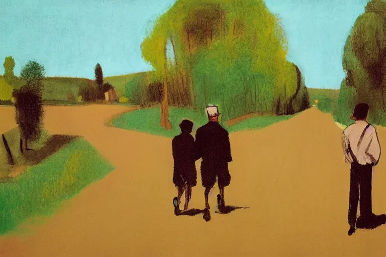 Image similar to a very tall man named John with dark hair holding the hands of a short young boy named Alex with dark hair as they walk down a suburban highway on a bright beautiful colorful day. part in the style of an edgar degas painting. part in the style of david hockney