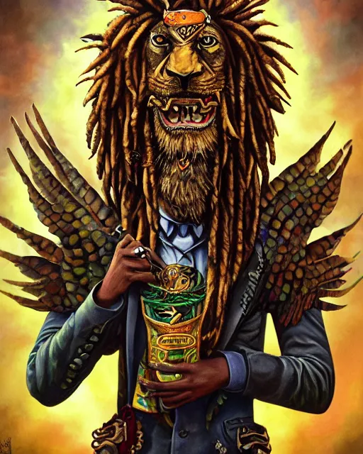 Image similar to rastafarian lizard man with eagle wings and a lion's mane, he weilds a steampunk crossbow and smokes a long large spliff cigar. smug boss face. wild eyes. noble bearing. award winning ornate symmetry matte portrait, artgerm, rhads watercolor, fierce sweet sad and lyrical