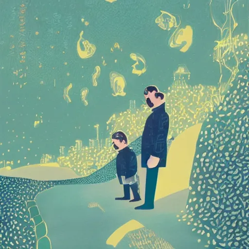 Image similar to a son imitate his father, joyful, illustration by victo ngai, studio muti, malika favre