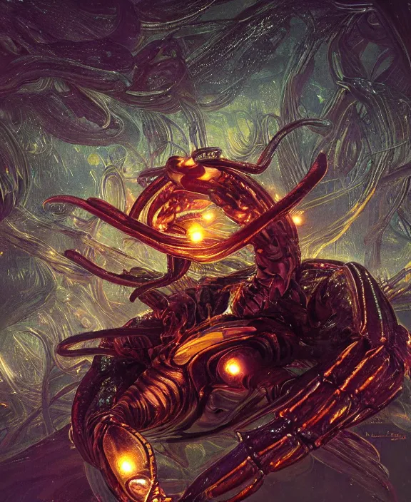 Image similar to portrait of a shining neon lights predatory insect alien crab monster, muscles, rippling, milky way environment, ultra realistic, concept art, intricate details, eerie, highly detailed, photorealistic, octane render, 8 k, unreal engine. art by artgerm and greg rutkowski and alphonse mucha