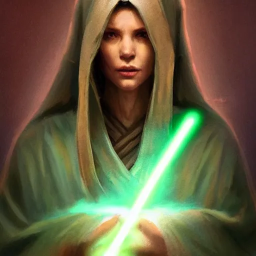 Image similar to portrait of a woman by greg rutkowski, jedi knight jade skywalker, wavy copper hair, jedi robes, star wars expanded universe, she is about 2 0 years old, wearing jedi robes, highly detailed portrait, digital painting, artstation, concept art, smooth, sharp foccus ilustration, artstation hq