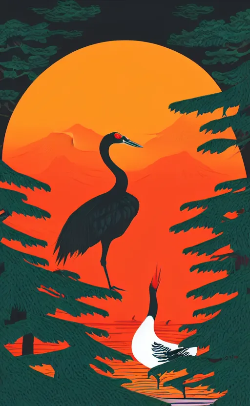 Image similar to hanafuda, portrait of huge japanese crane bird walking on a lake in the middle of japanese pines, a big red sun in the background, front game card, vector line art, trending on behance, concept art, stunning, matte