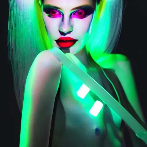 Image similar to high fashion photography of a model in neo futurism white sci - fi neon light led makup, transparent cloth, beautifully lit