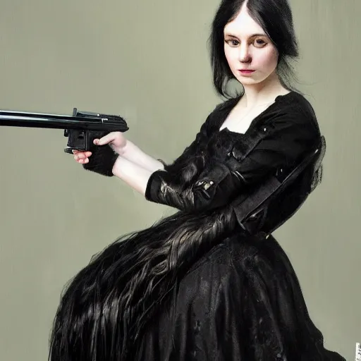 Prompt: a beautiful young woman, pale skin, black long hair, aristocrat, black expensive dress from 1 8 6 0, holding a rifle, oil painting, digital art, studio photo, realistic, artstation, high quality, wild west